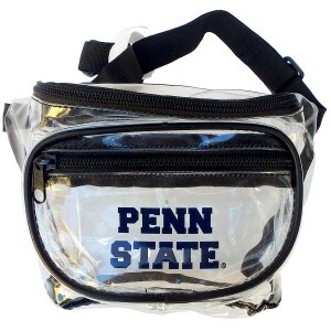clear fanny pack with black trim, zippers, and strap, block letters Penn State on front